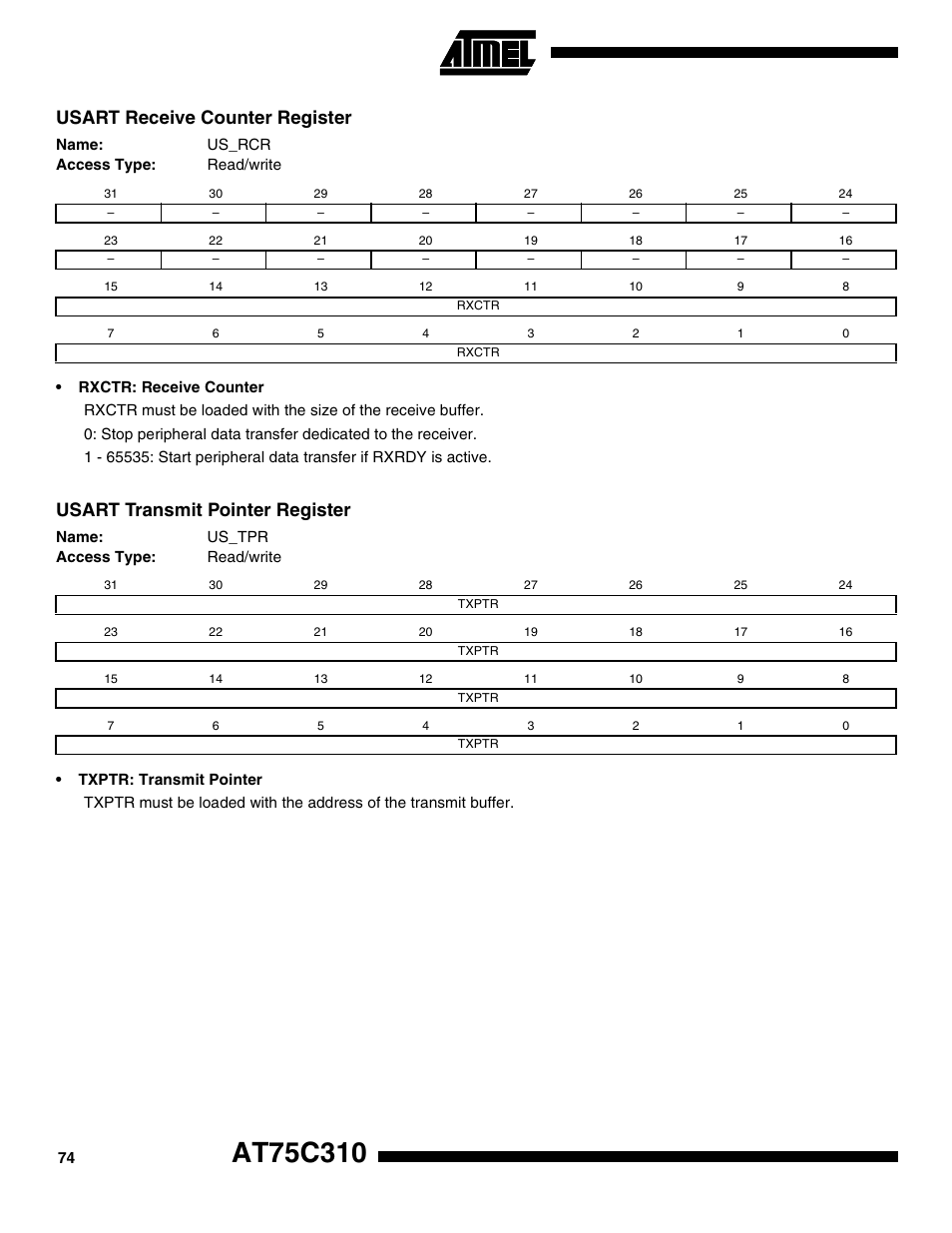Usart receive counter register, Usart transmit pointer register | Rainbow Electronics AT75C310 User Manual | Page 74 / 132