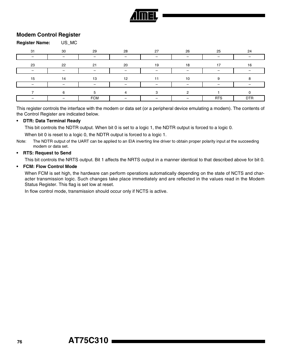 Modem control register | Rainbow Electronics AT75C310 User Manual | Page 76 / 132