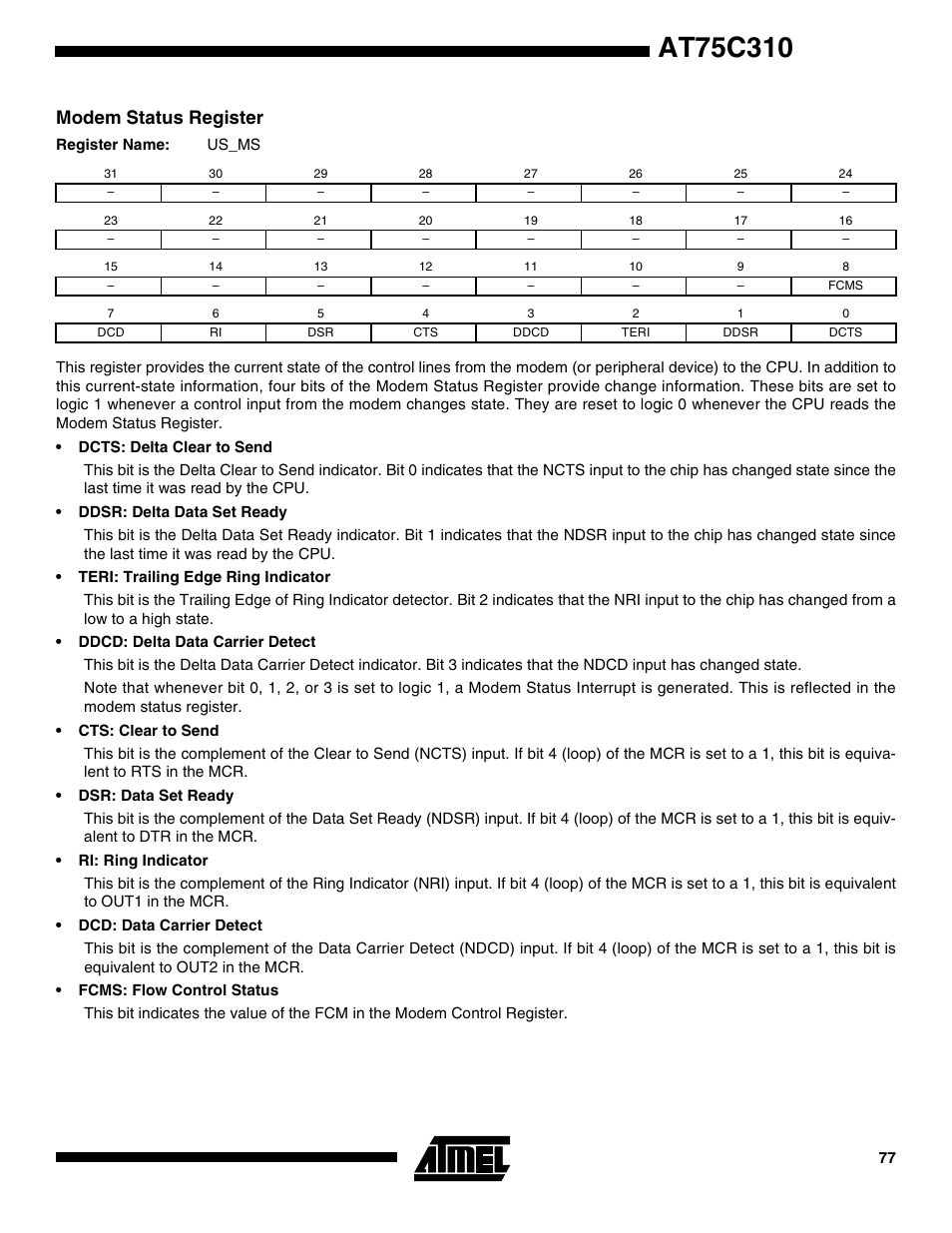 Modem status register | Rainbow Electronics AT75C310 User Manual | Page 77 / 132