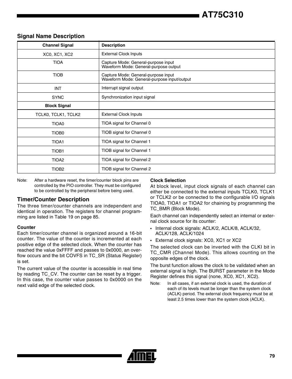 Signal name description, Timer/counter description, Counter | Clock selection | Rainbow Electronics AT75C310 User Manual | Page 79 / 132