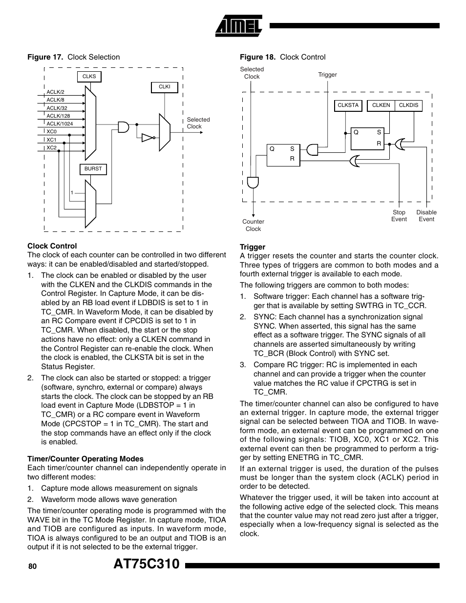 Clock control, Timer/counter operating modes, Trigger | Rainbow Electronics AT75C310 User Manual | Page 80 / 132