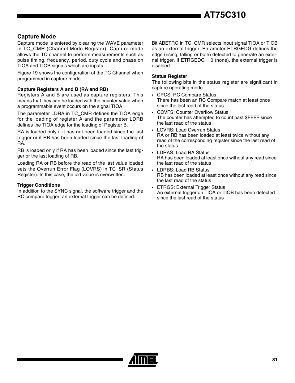 Capture mode, Capture registers a and b (ra and rb), Trigger conditions | Status register | Rainbow Electronics AT75C310 User Manual | Page 81 / 132