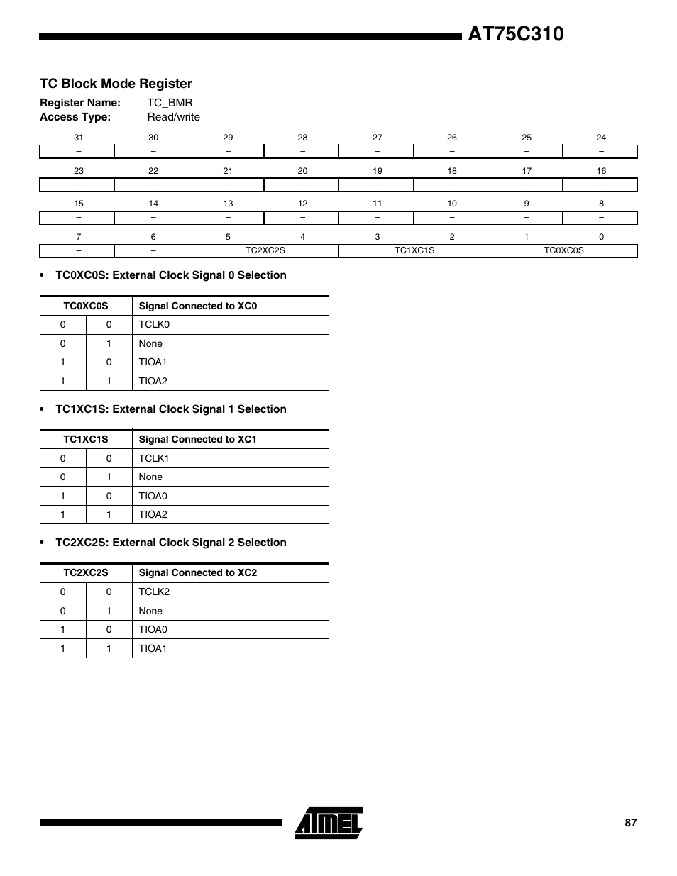 Tc block mode register | Rainbow Electronics AT75C310 User Manual | Page 87 / 132