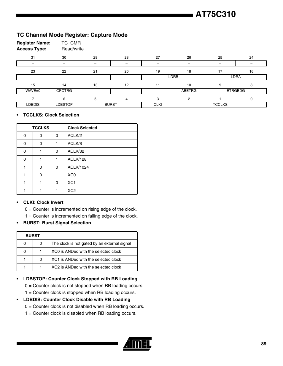 Tc channel mode register: capture mode | Rainbow Electronics AT75C310 User Manual | Page 89 / 132