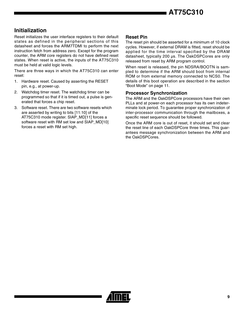 Initialization, Reset pin, Processor synchronization | Rainbow Electronics AT75C310 User Manual | Page 9 / 132