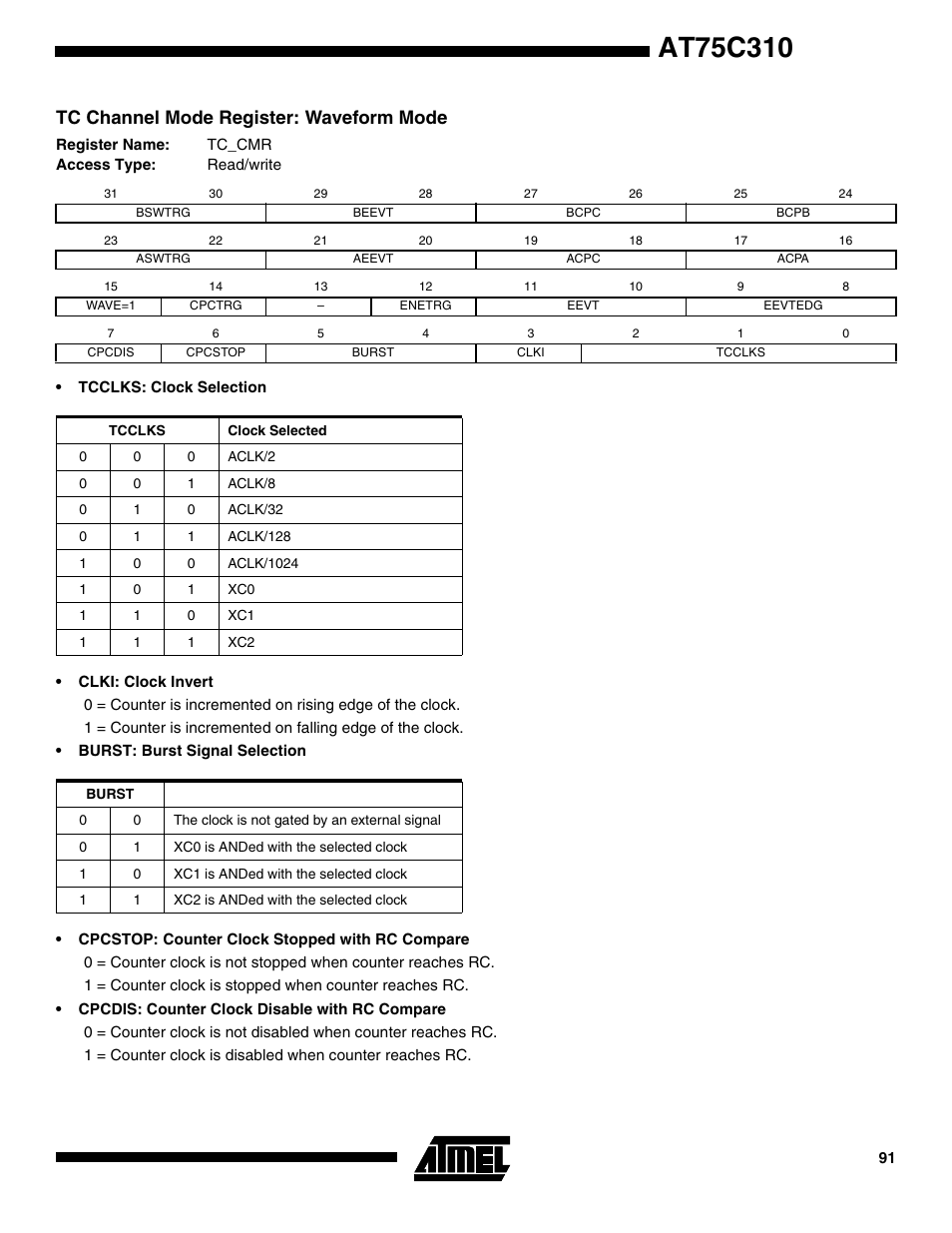 Tc channel mode register: waveform mode | Rainbow Electronics AT75C310 User Manual | Page 91 / 132