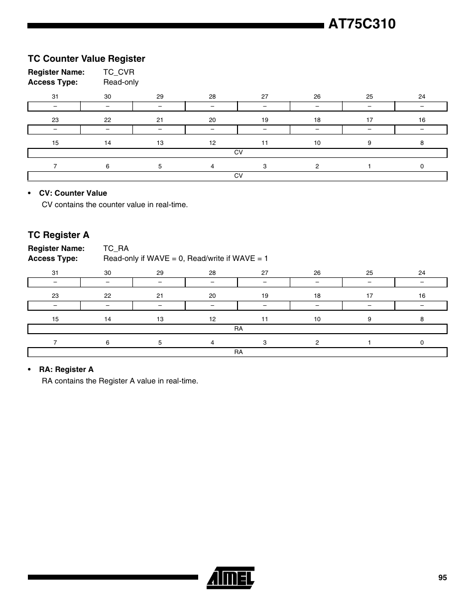 Tc counter value register, Tc register a | Rainbow Electronics AT75C310 User Manual | Page 95 / 132