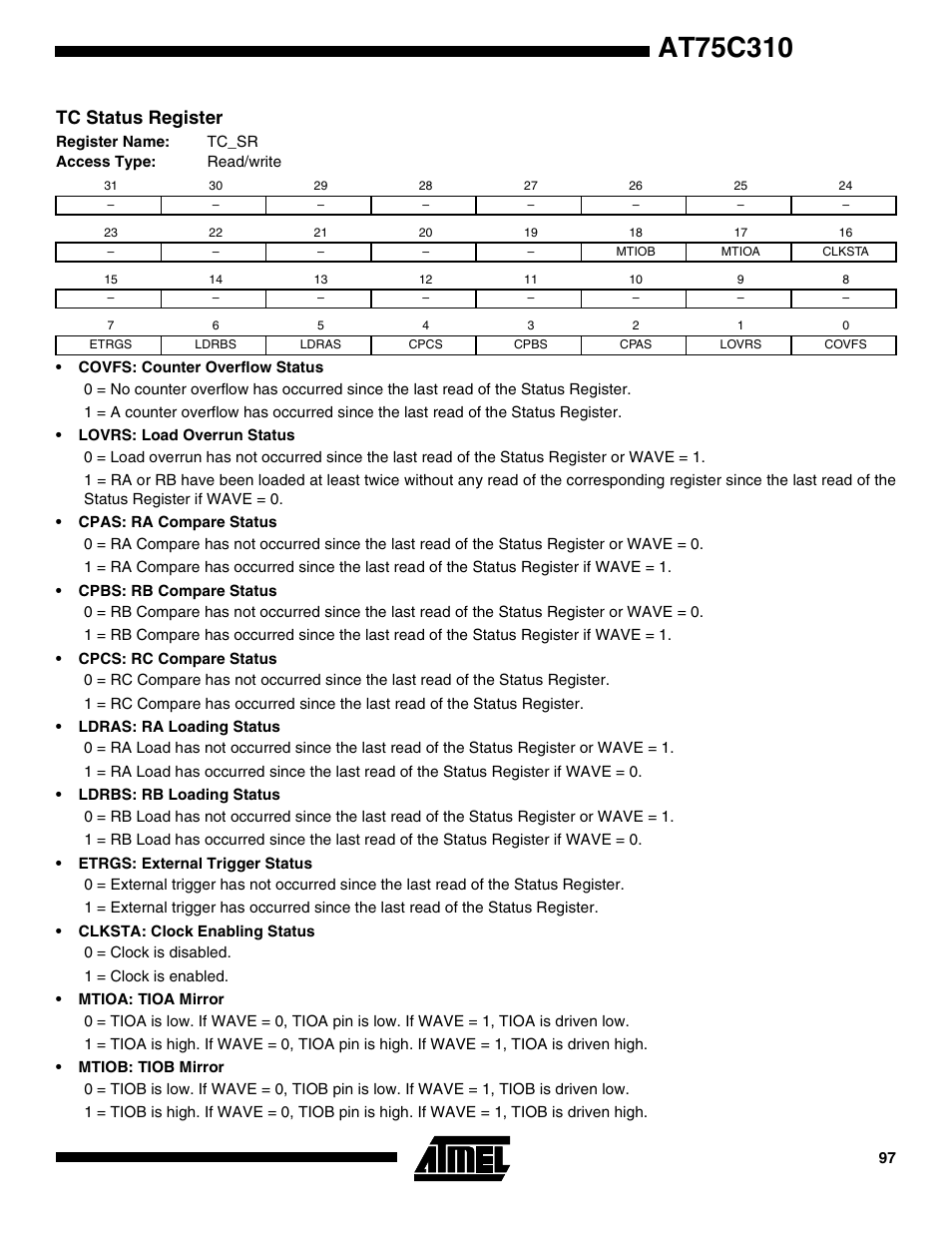 Tc status register | Rainbow Electronics AT75C310 User Manual | Page 97 / 132