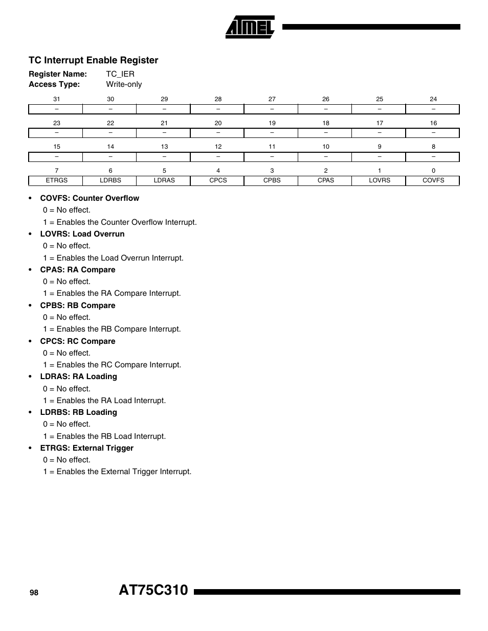 Tc interrupt enable register | Rainbow Electronics AT75C310 User Manual | Page 98 / 132