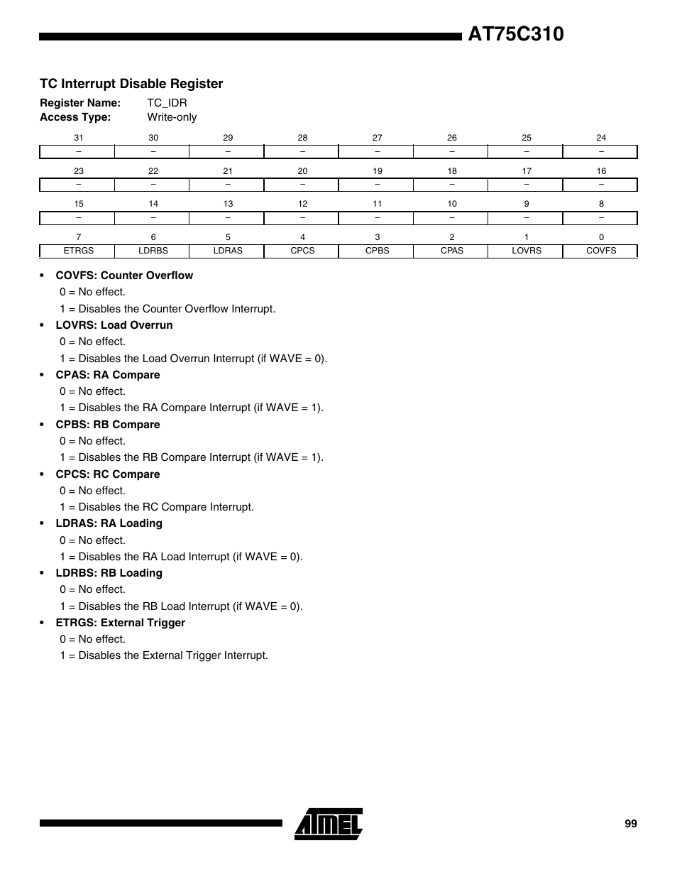 Tc interrupt disable register | Rainbow Electronics AT75C310 User Manual | Page 99 / 132