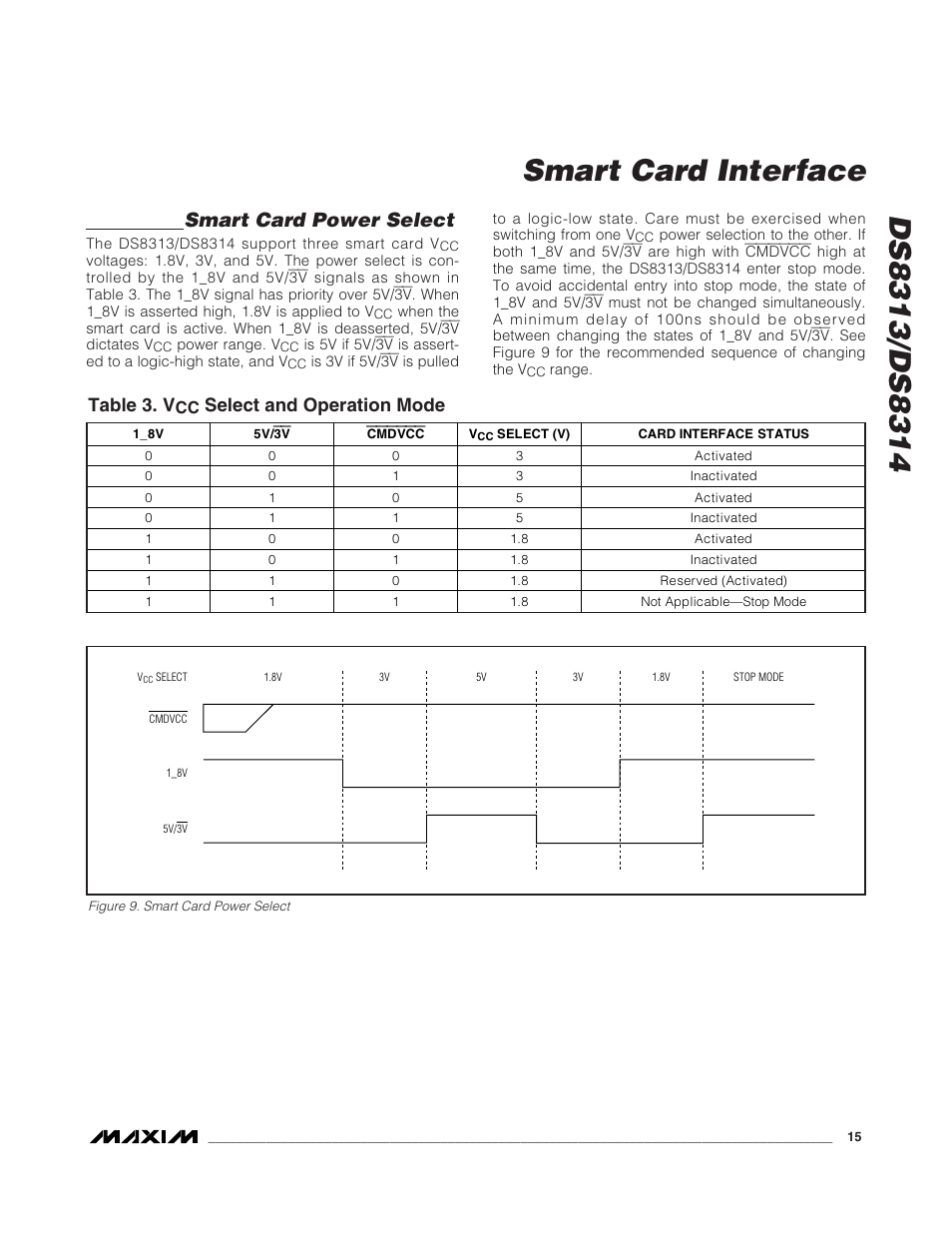 Smart card power select, Table 3. v, Select and operation mode | Rainbow Electronics DS8314 User Manual | Page 15 / 17