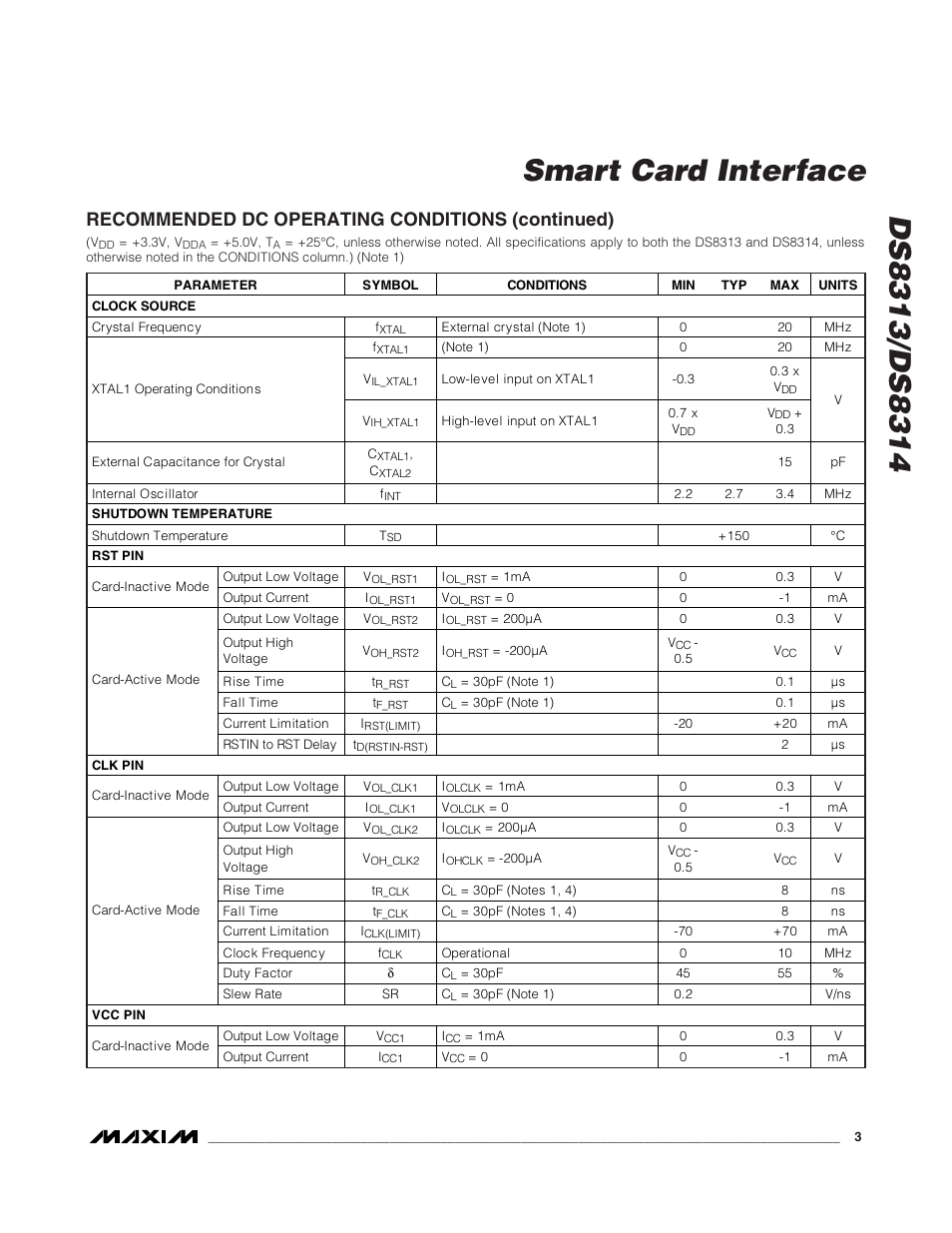 Recommended dc operating conditions (continued) | Rainbow Electronics DS8314 User Manual | Page 3 / 17
