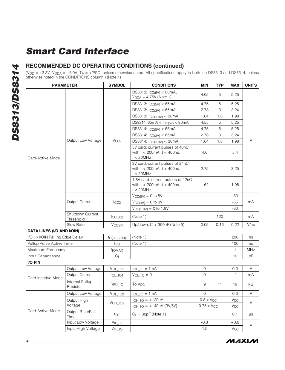 Recommended dc operating conditions (continued) | Rainbow Electronics DS8314 User Manual | Page 4 / 17