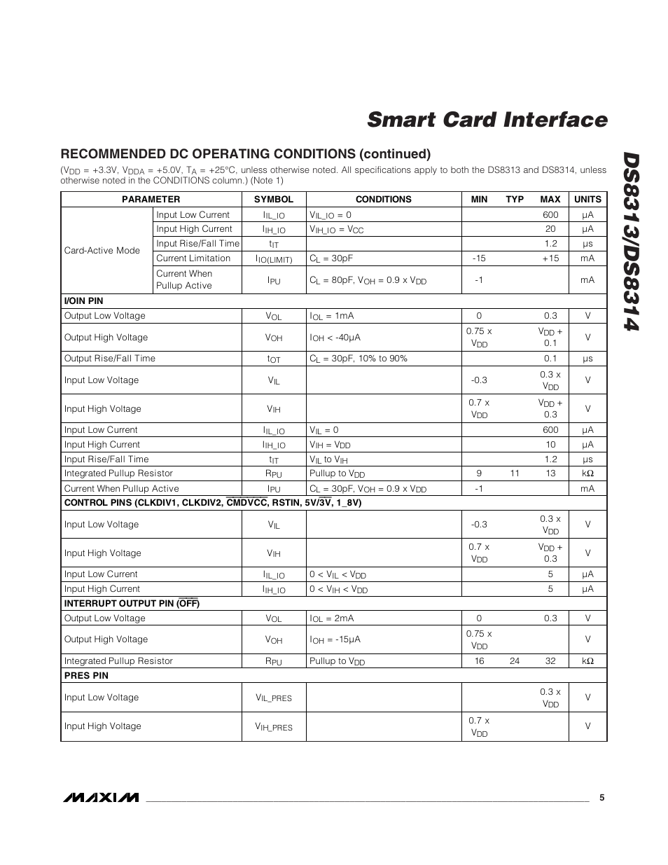 Recommended dc operating conditions (continued) | Rainbow Electronics DS8314 User Manual | Page 5 / 17