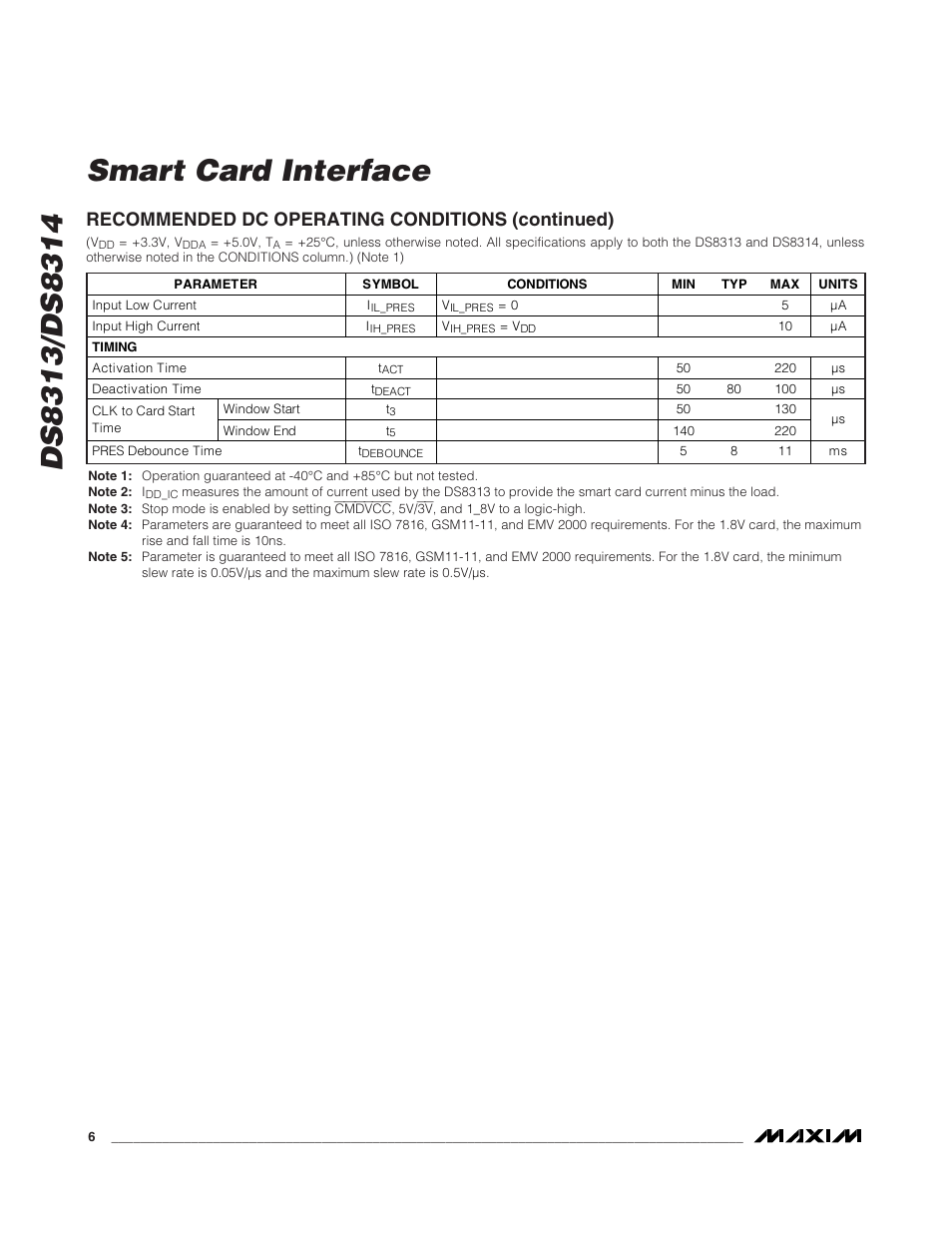 Recommended dc operating conditions (continued) | Rainbow Electronics DS8314 User Manual | Page 6 / 17