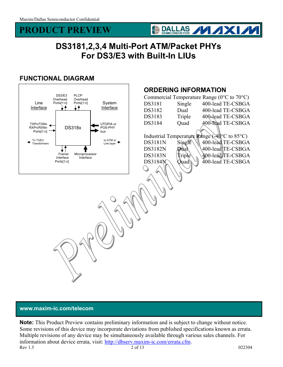 Functional diagram, Ordering information, Commercial temperature range (0(c to 70(c) | Ds3181single400-lead te-csbga, Ds3182dual400-lead te-csbga, Ds3183triple400-lead te-csbga, Ds3184quad400-lead te-csbga, Industrial temperature range (-40(c to 85(c), Ds3181nsingle400-lead te-csbga, Ds3182ndual400-lead te-csbga | Rainbow Electronics DS3184 User Manual | Page 2 / 13