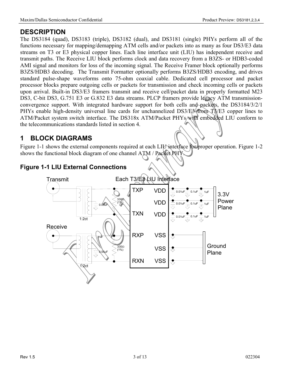 Description, Block diagrams, Figure 1-1 liu external connections | 1 block diagrams | Rainbow Electronics DS3184 User Manual | Page 3 / 13