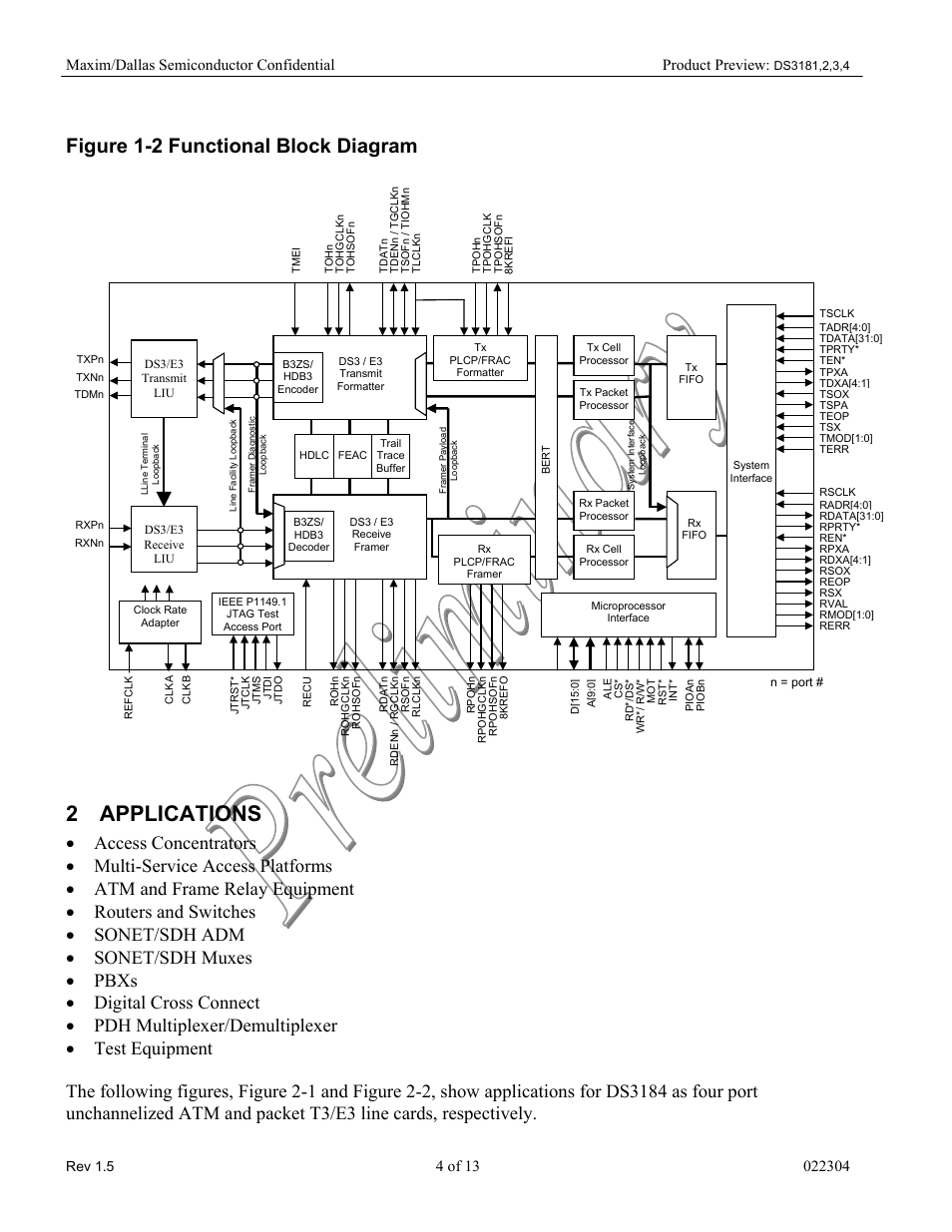 Figure 1-2 functional block diagram, Applications, Access concentrators | Multi-service access platforms, Atm and frame relay equipment, Routers and switches, Sonet/sdh adm, Sonet/sdh muxes, Pbxs, Digital cross connect | Rainbow Electronics DS3184 User Manual | Page 4 / 13