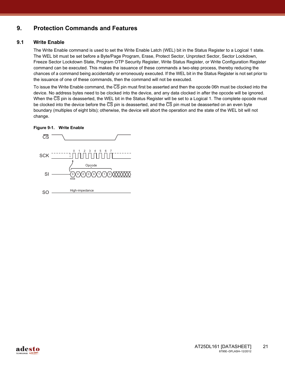 Protection commands and features, 1 write enable, To set the write enable latch (wel) bit of the | Rainbow Electronics AT25DL161 User Manual | Page 21 / 58