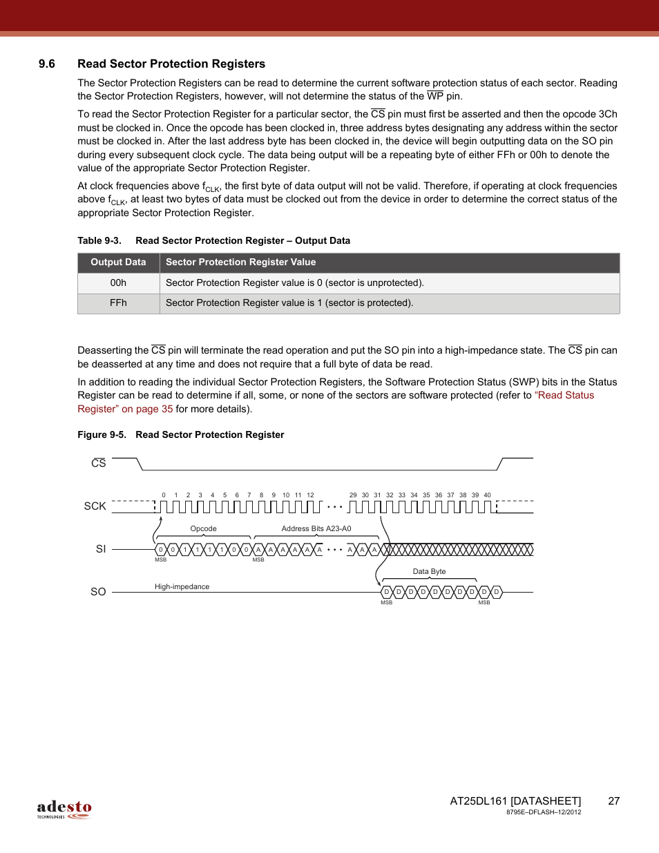 6 read sector protection registers, Sck cs si so | Rainbow Electronics AT25DL161 User Manual | Page 27 / 58