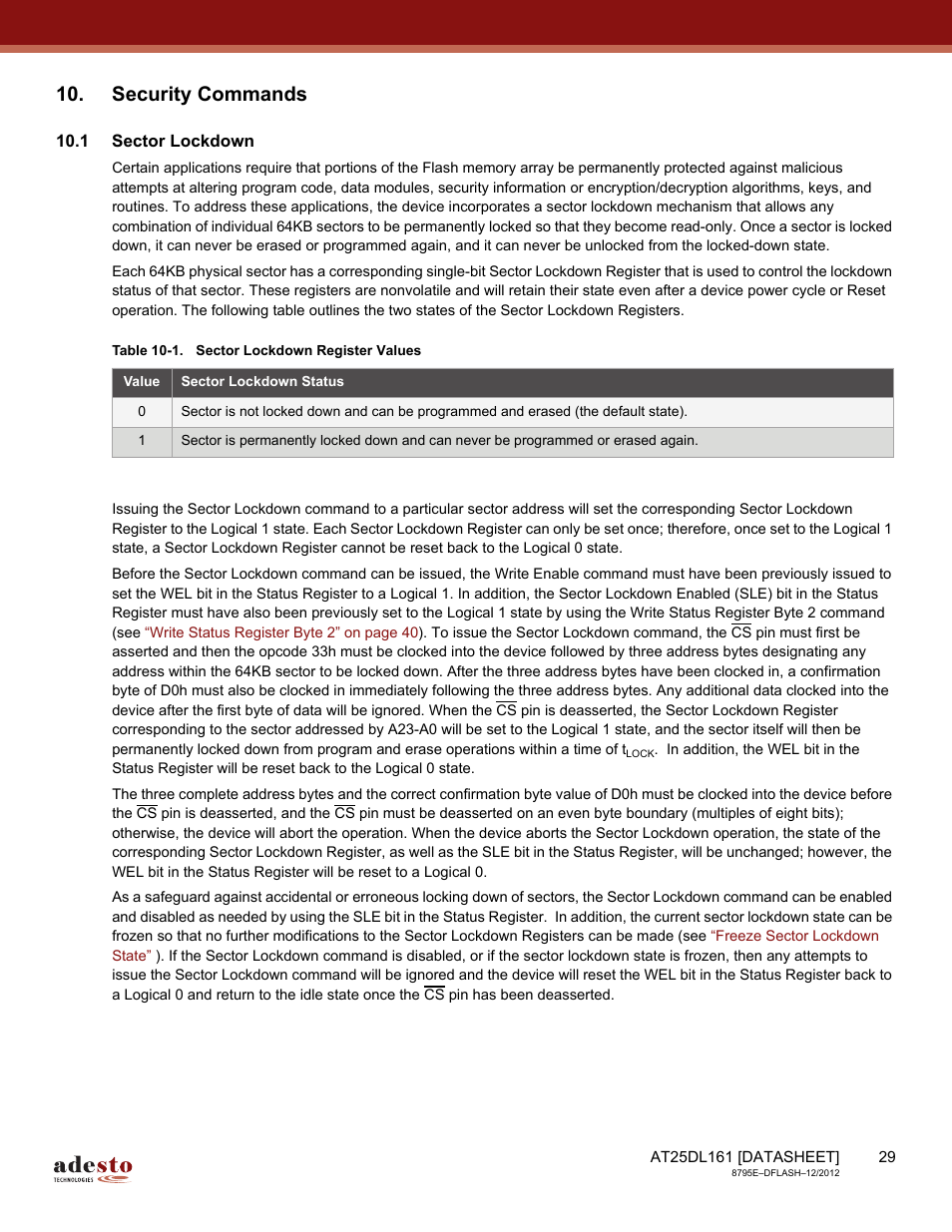Security commands, 1 sector lockdown | Rainbow Electronics AT25DL161 User Manual | Page 29 / 58