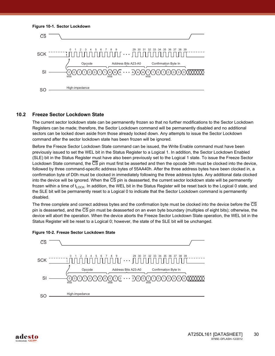 2 freeze sector lockdown state, Freeze sector lockdown, State | Sck cs si so, Figure 10-1. sector lockdown | Rainbow Electronics AT25DL161 User Manual | Page 30 / 58