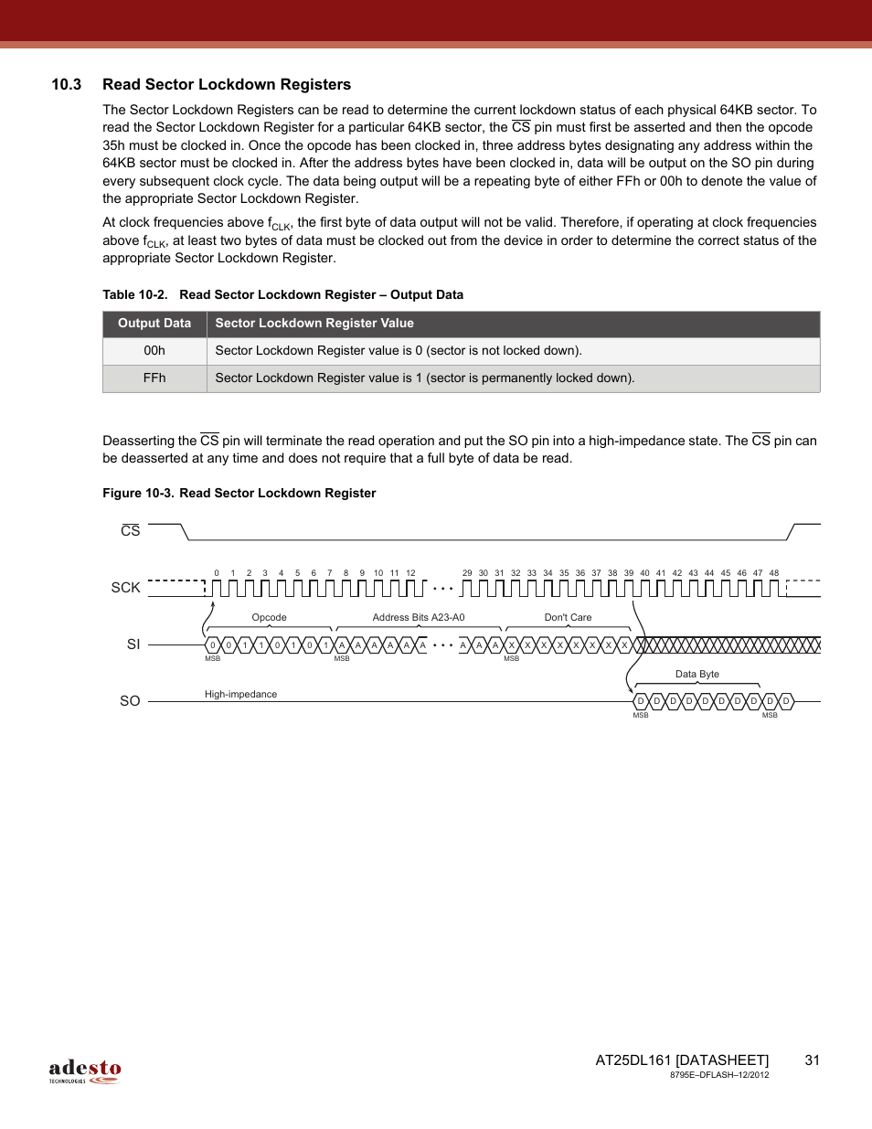 3 read sector lockdown registers, Sck cs si so | Rainbow Electronics AT25DL161 User Manual | Page 31 / 58