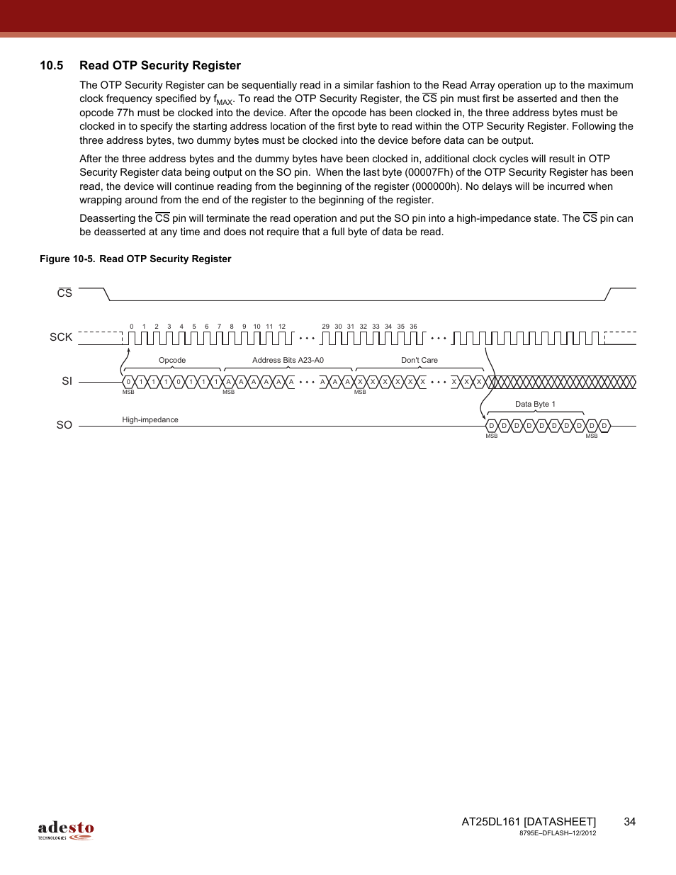 5 read otp security register, Sck cs si so | Rainbow Electronics AT25DL161 User Manual | Page 34 / 58