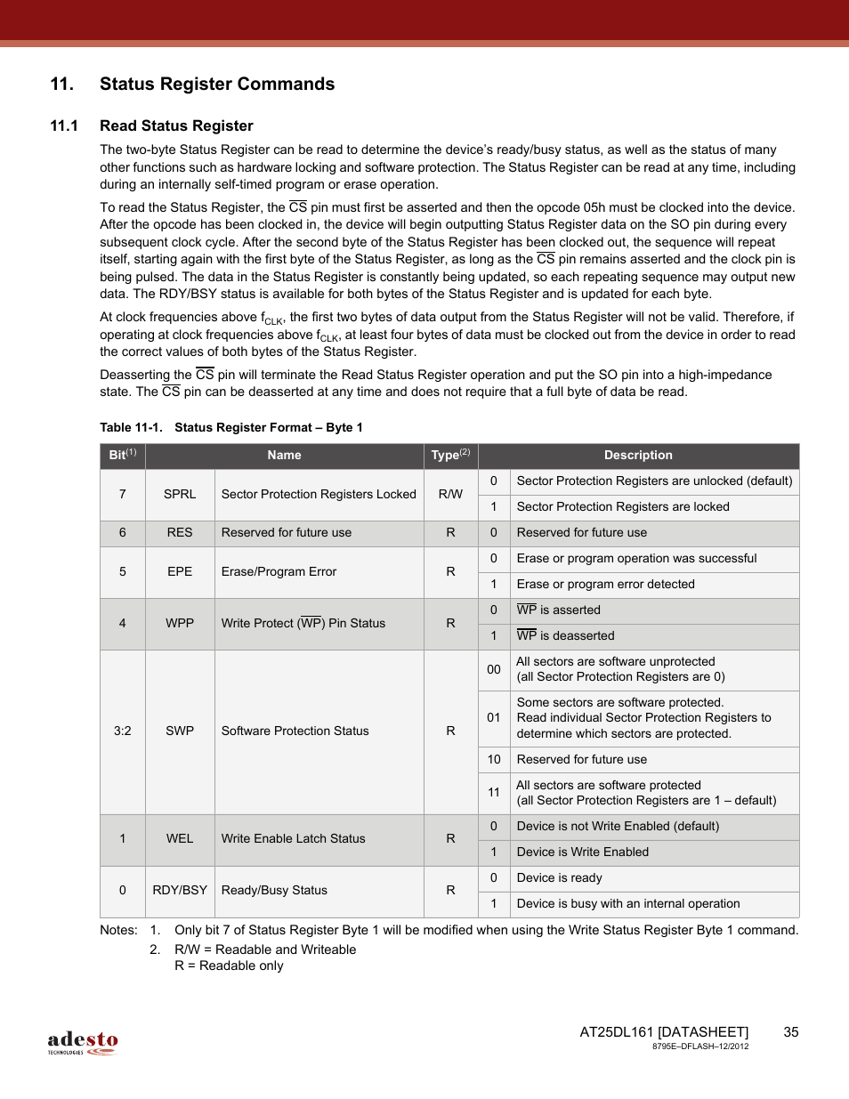 Status register commands, 1 read status register, Read status | Rainbow Electronics AT25DL161 User Manual | Page 35 / 58