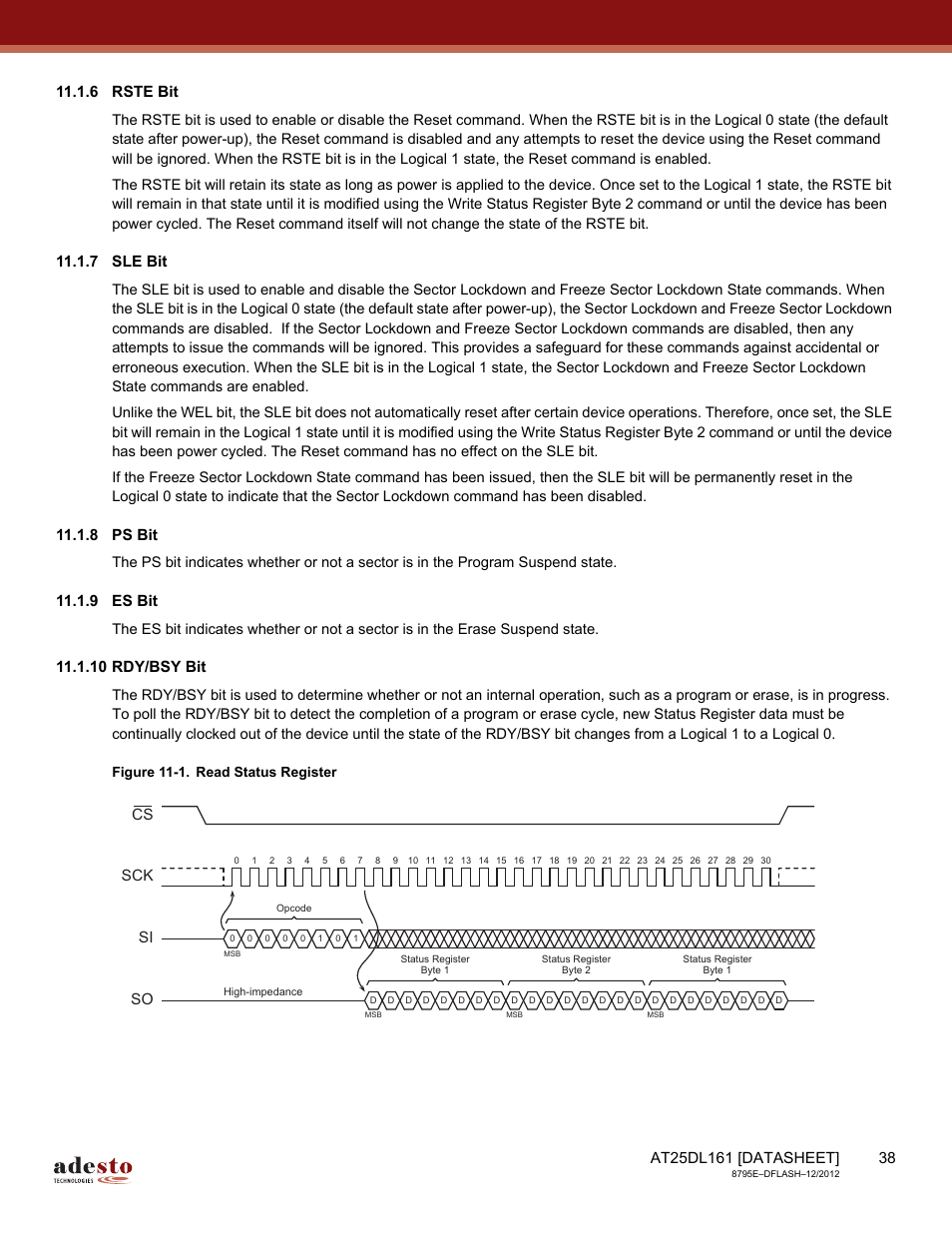 6 rste bit, 7 sle bit, 8 ps bit | 9 es bit, 10 rdy/bsy bit, Sck cs si so | Rainbow Electronics AT25DL161 User Manual | Page 38 / 58