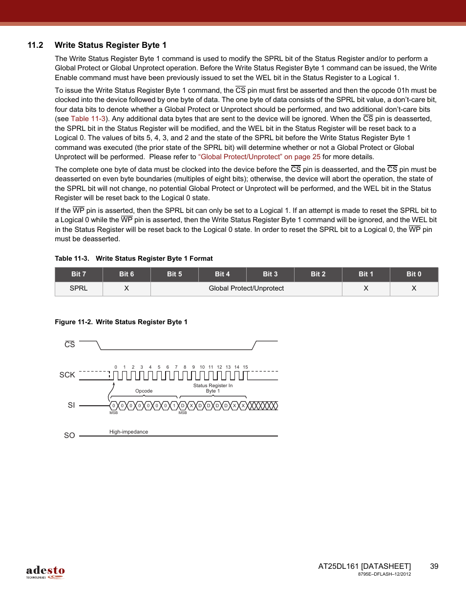 2 write status register byte 1, Sck cs si so | Rainbow Electronics AT25DL161 User Manual | Page 39 / 58