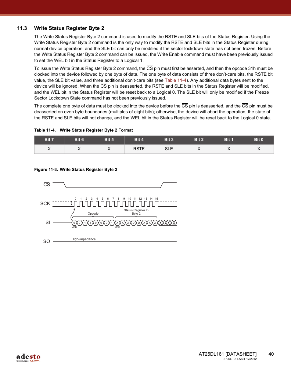 3 write status register byte 2, Sck cs si so | Rainbow Electronics AT25DL161 User Manual | Page 40 / 58