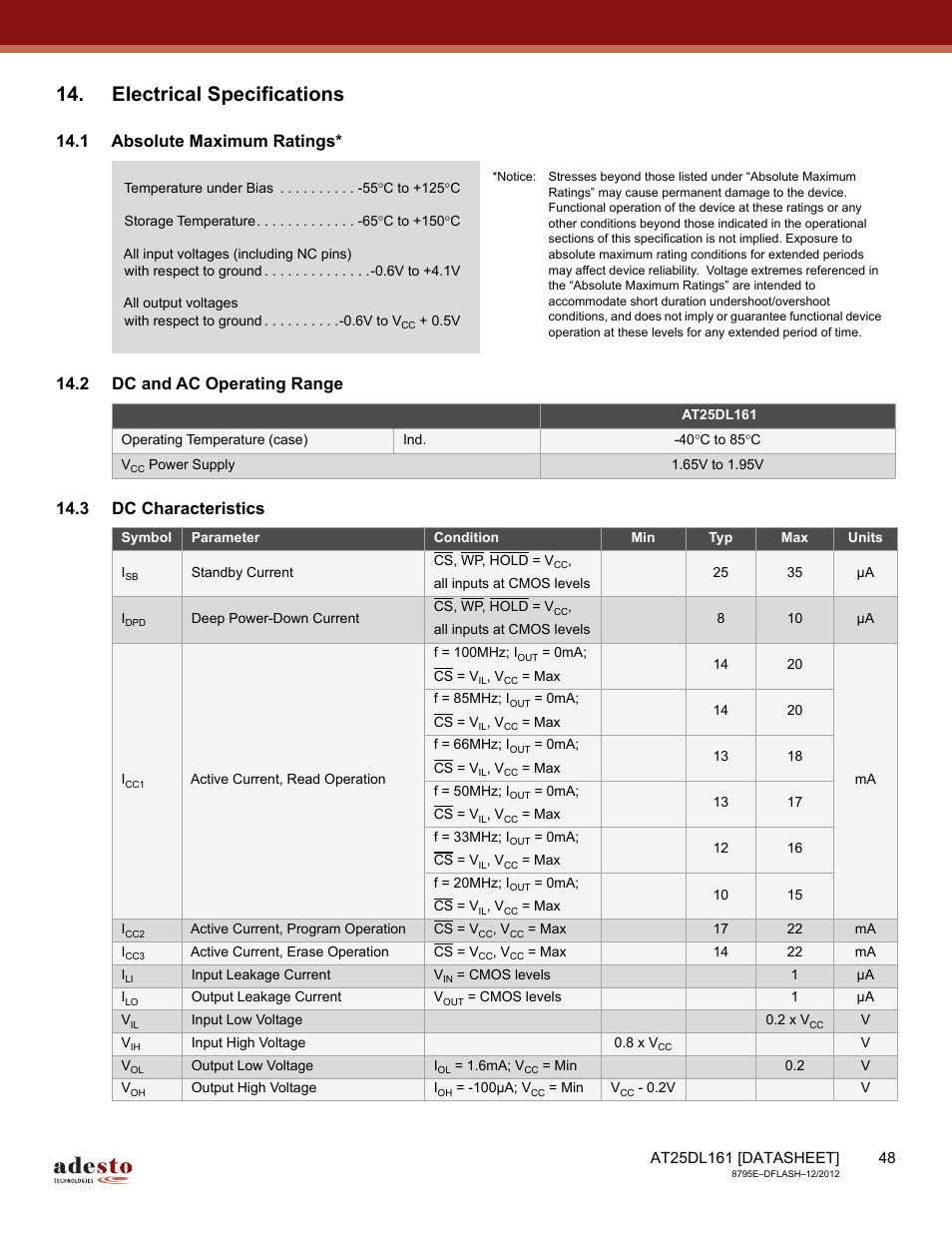 Electrical specifications, 1 absolute maximum ratings, 2 dc and ac operating range | 3 dc characteristics | Rainbow Electronics AT25DL161 User Manual | Page 48 / 58
