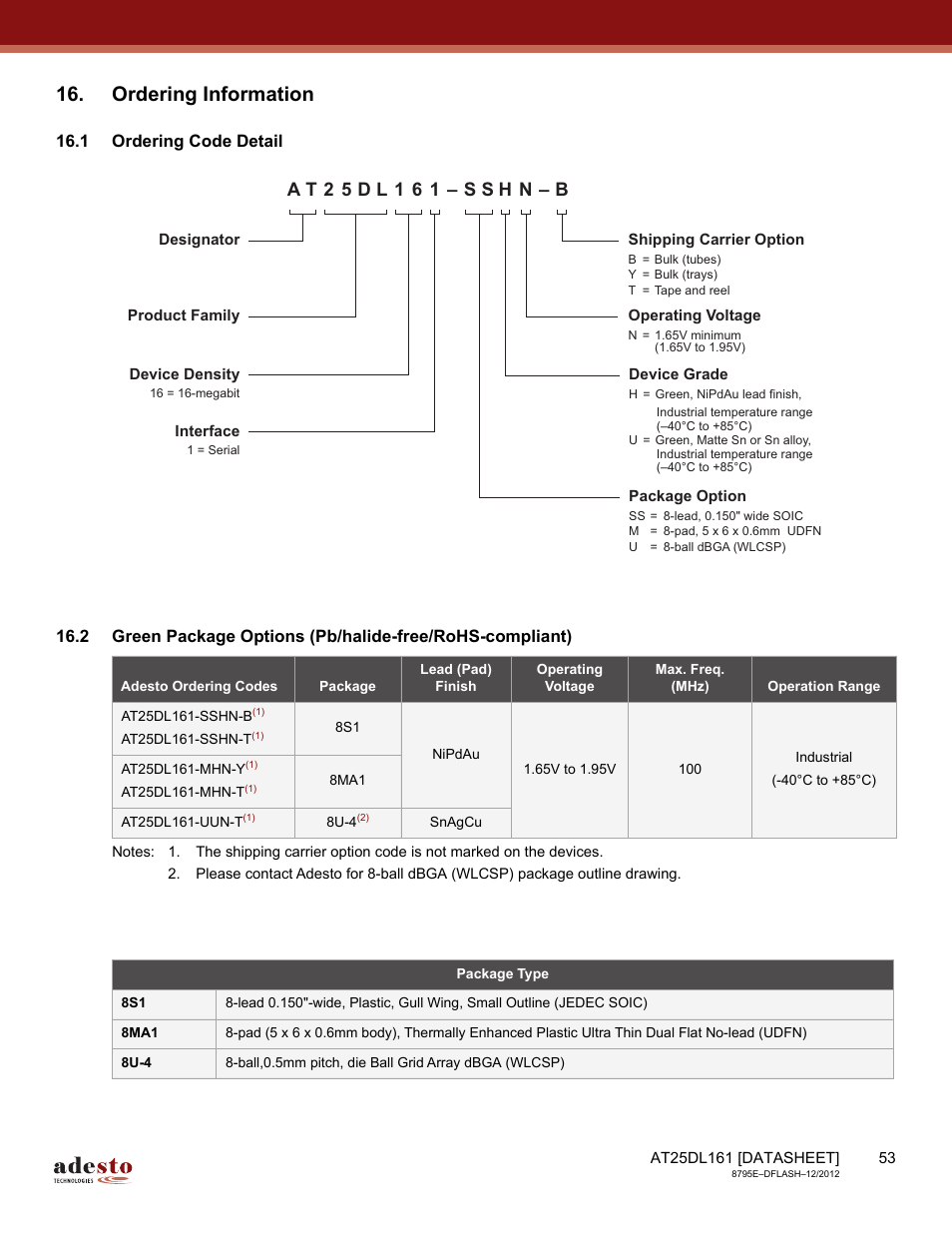 Ordering information, 1 ordering code detail | Rainbow Electronics AT25DL161 User Manual | Page 53 / 58
