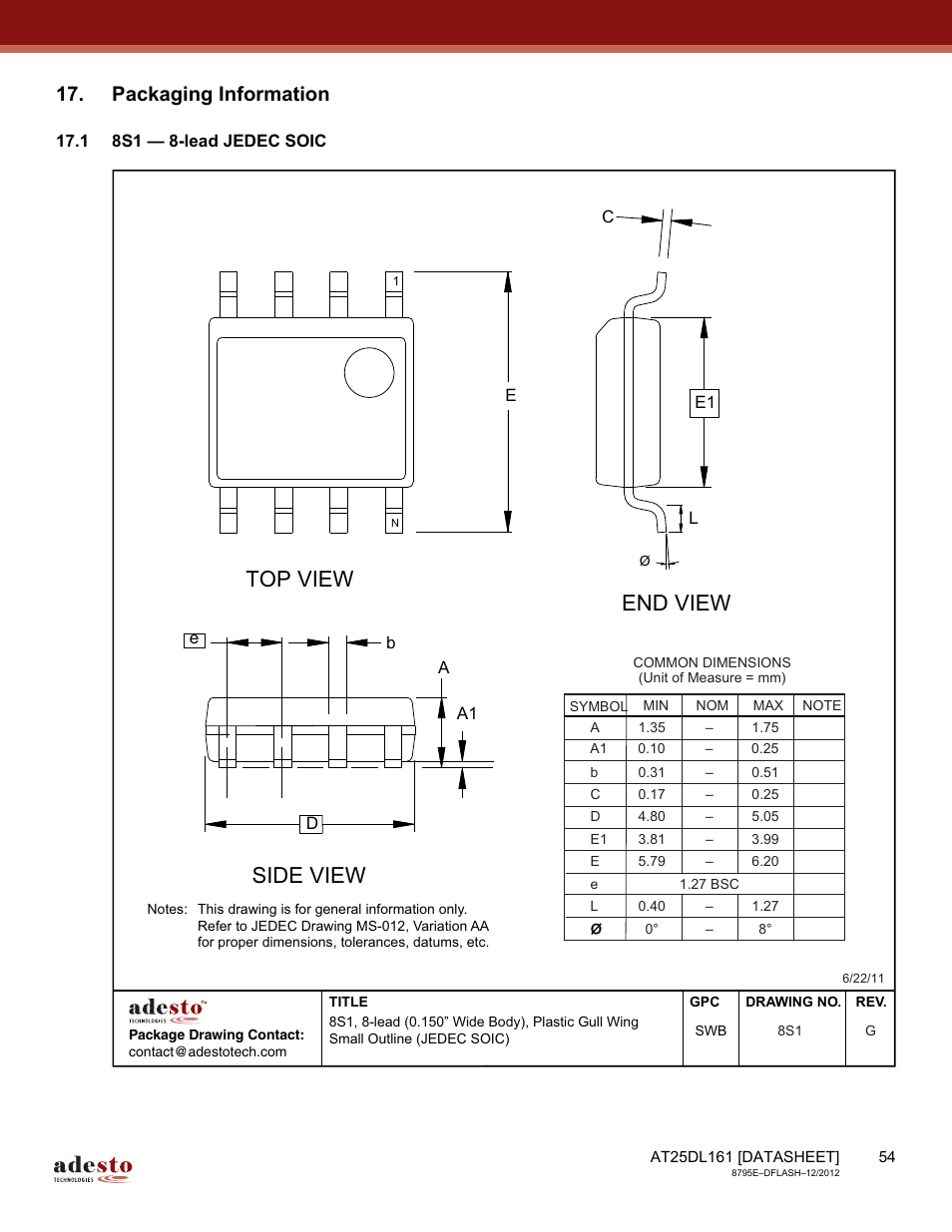 Packaging information, 1 8s1 — 8-lead jedec soic, Top view | End view, Side view | Rainbow Electronics AT25DL161 User Manual | Page 54 / 58