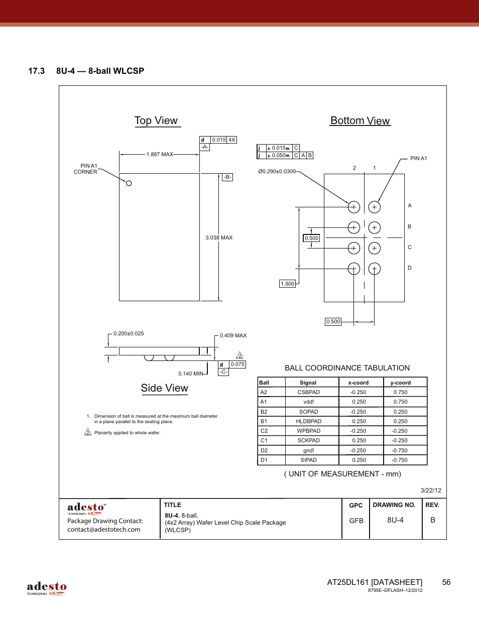 3 8u-4 — 8-ball wlcsp, Top view side view bottom view, 8u-4 b | Rainbow Electronics AT25DL161 User Manual | Page 56 / 58