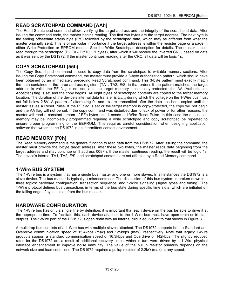 Read scratchpad command [aah, Copy scratchpad [55h, Wire bus system | Hardware configuration | Rainbow Electronics DS1972 User Manual | Page 13 / 23
