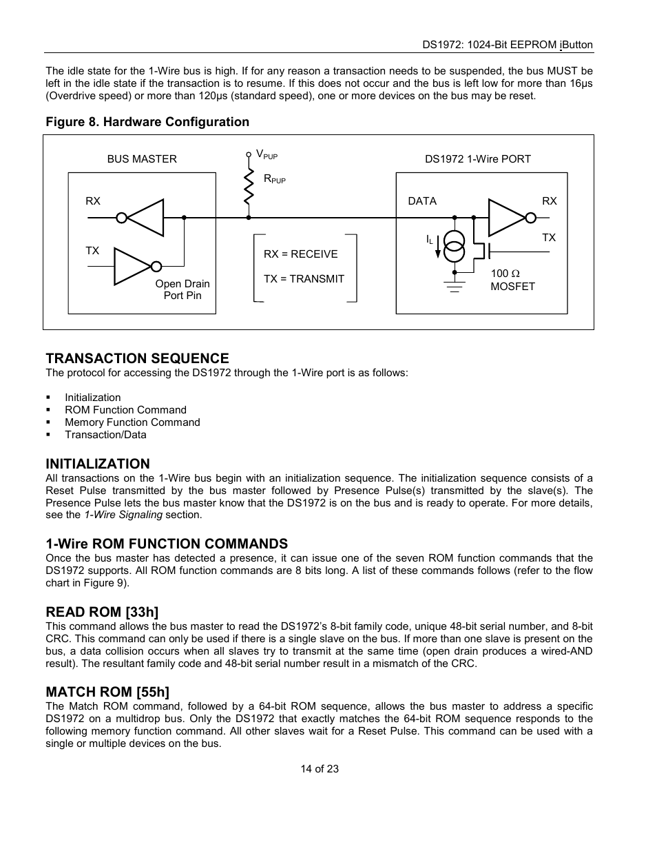 Transaction sequence, Initialization, Wire rom function commands | Read rom [33h, Match rom [55h | Rainbow Electronics DS1972 User Manual | Page 14 / 23