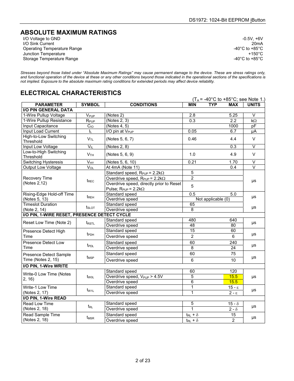 Absolute maximum ratings, Electrical characteristics | Rainbow Electronics DS1972 User Manual | Page 2 / 23