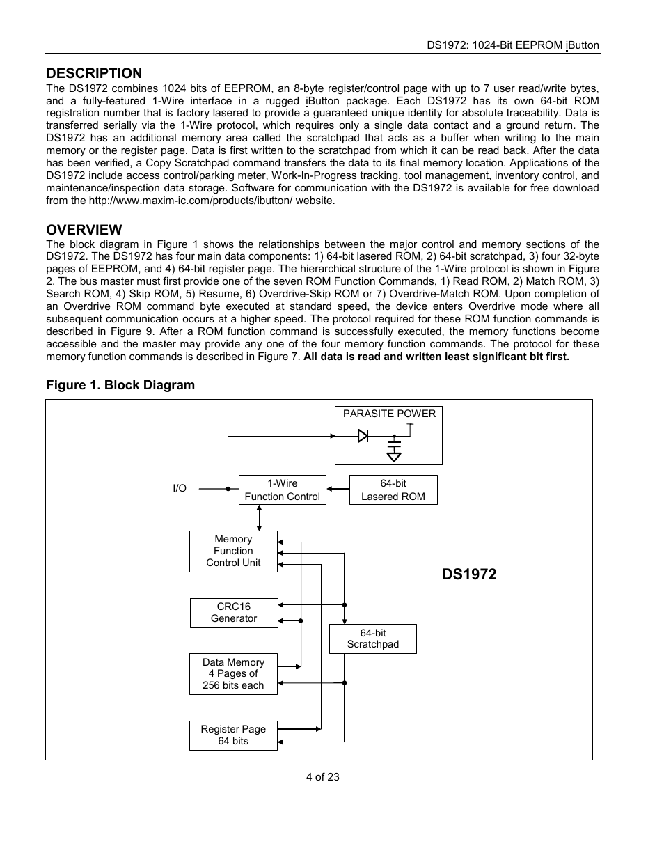 Ds1972, Description, Overview | Rainbow Electronics DS1972 User Manual | Page 4 / 23