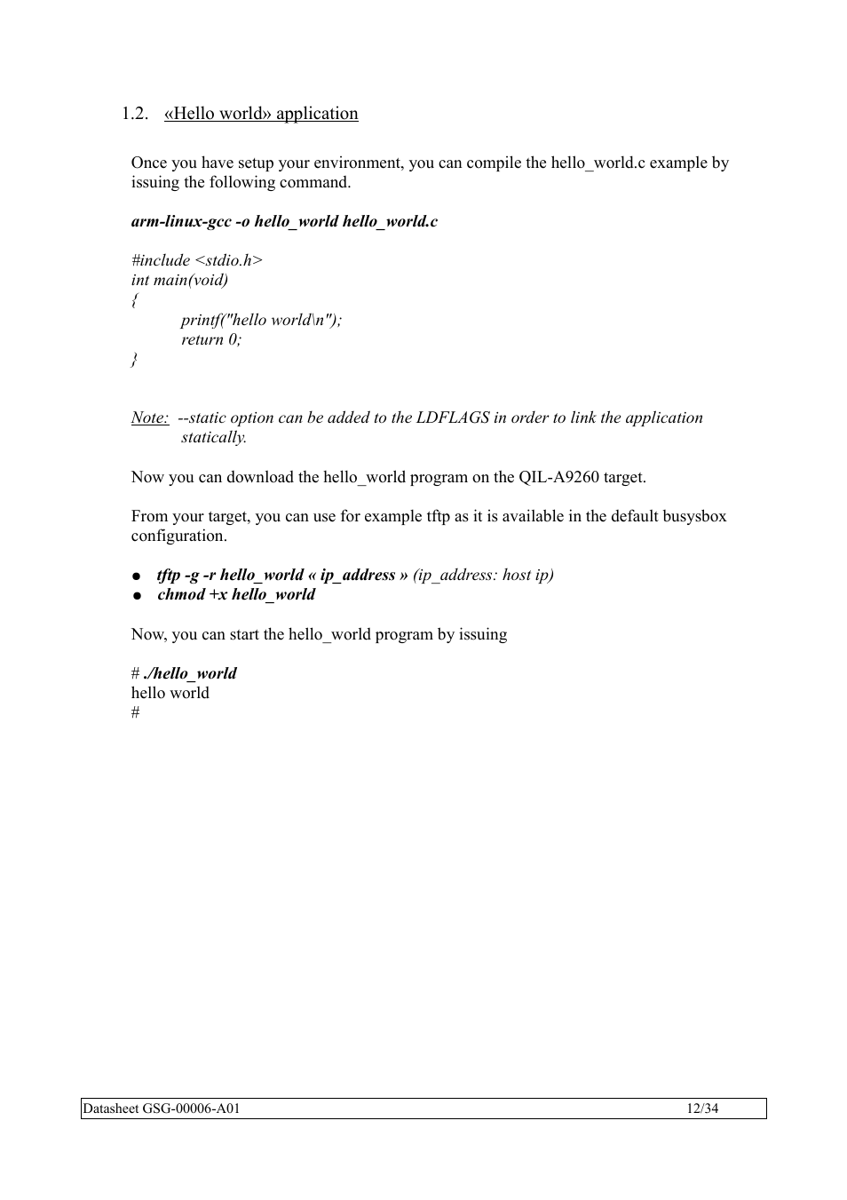 «hello world» application, Hello world» application | Rainbow Electronics QIL-A9260-C11 User Manual | Page 12 / 34
