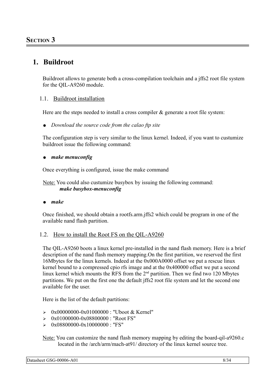 Section 3, Buildroot, Buildroot installation | How to install the root fs on the qil-a9260 | Rainbow Electronics QIL-A9260-C11 User Manual | Page 8 / 34