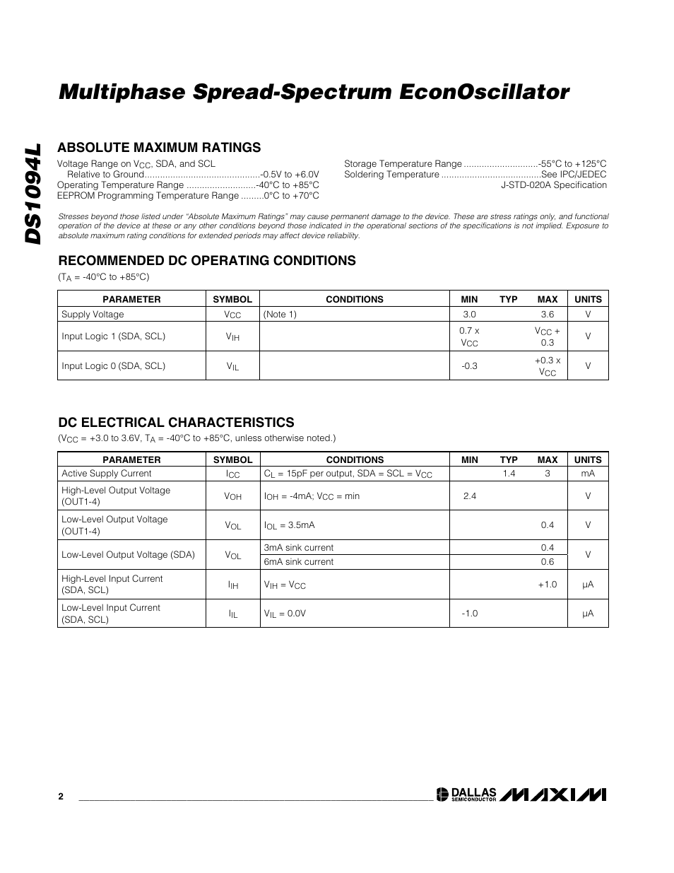 Ds1094l multiphase spread-spectrum econoscillator, Dc electrical characteristics | Rainbow Electronics DS1094L User Manual | Page 2 / 11
