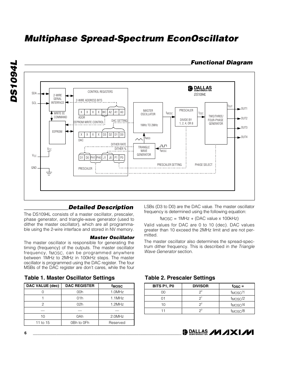 Ds1094l, Multiphase spread-spectrum econoscillator, Detailed description | Functional diagram, Table 1. master oscillator settings, Table 2. prescaler settings | Rainbow Electronics DS1094L User Manual | Page 6 / 11