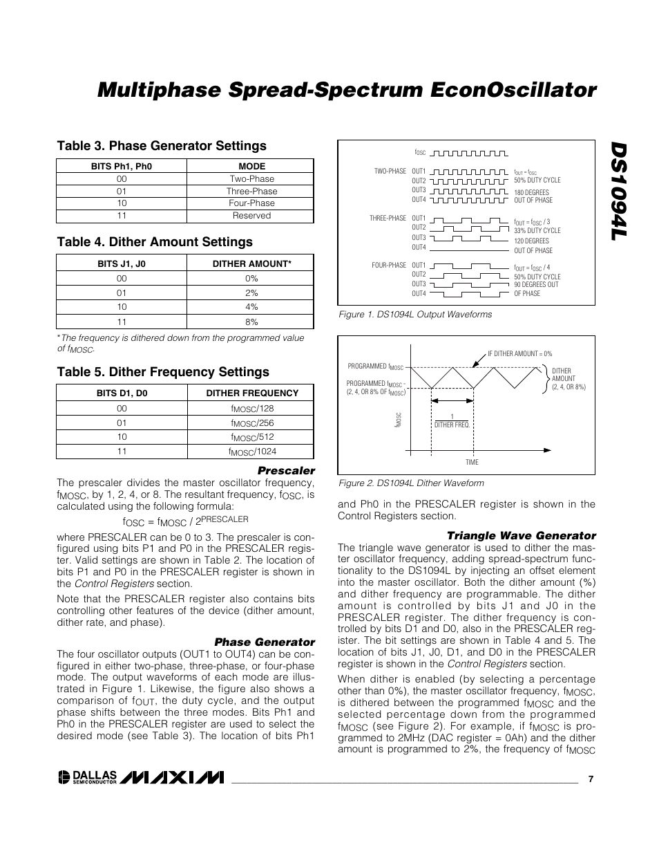 Ds1094l multiphase spread-spectrum econoscillator, Table 3. phase generator settings, Table 4. dither amount settings | Table 5. dither frequency settings | Rainbow Electronics DS1094L User Manual | Page 7 / 11