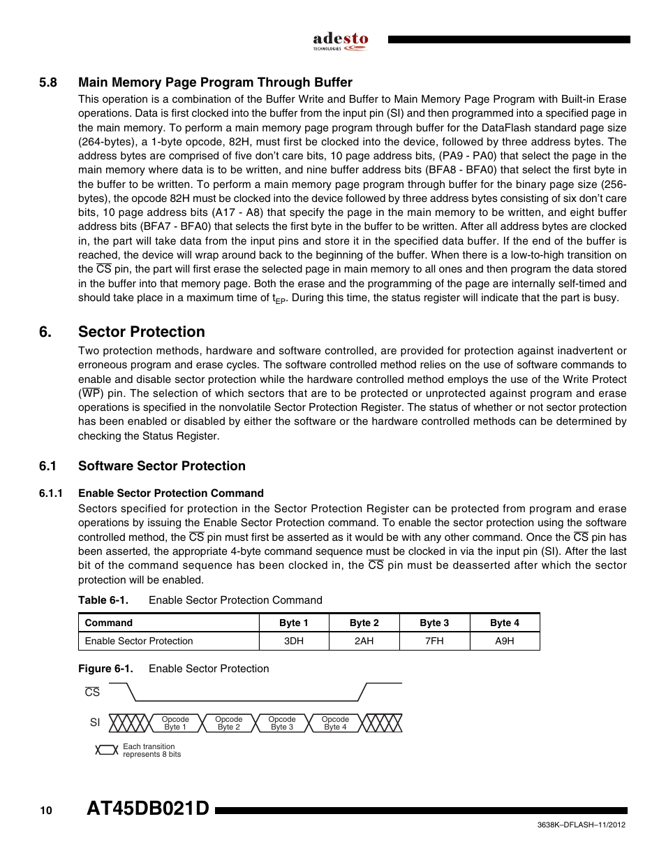 Sector protection, 1 software sector protection, 1 enable sector protection command | Rainbow Electronics AT45DB021D User Manual | Page 10 / 48