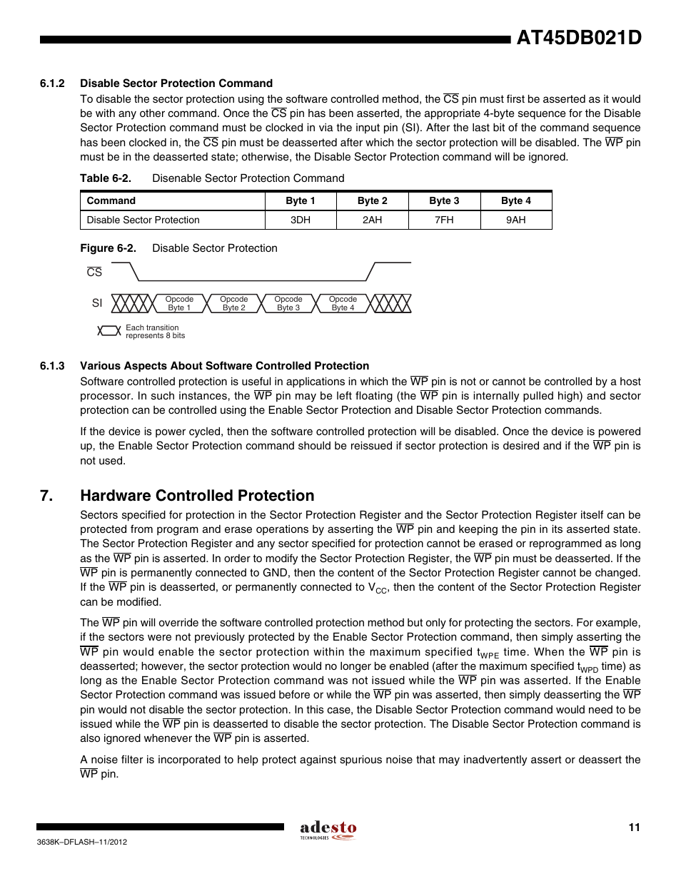 2 disable sector protection command, Hardware controlled protection | Rainbow Electronics AT45DB021D User Manual | Page 11 / 48