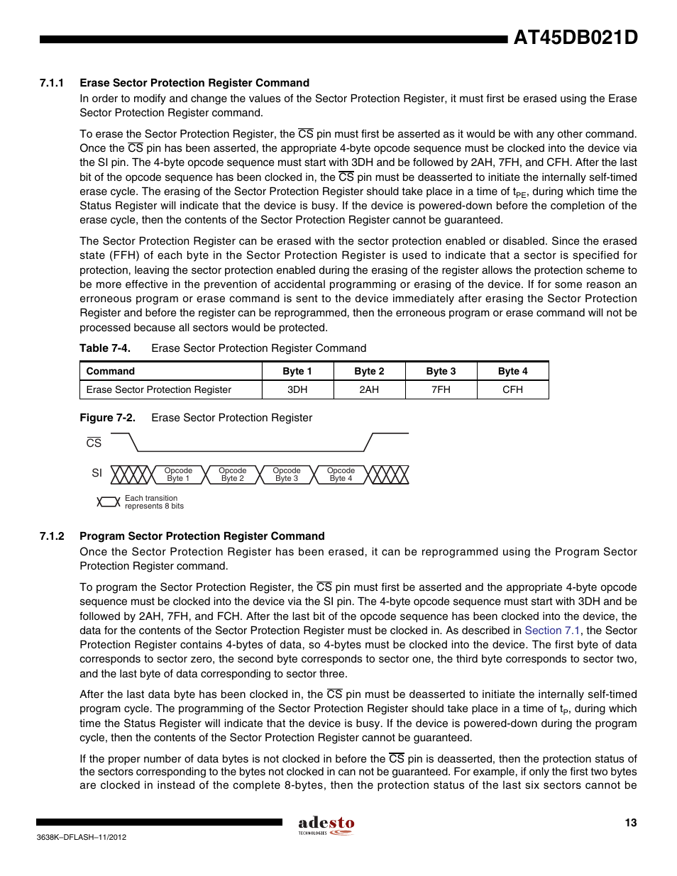 1 erase sector protection register command, 2 program sector protection register command | Rainbow Electronics AT45DB021D User Manual | Page 13 / 48