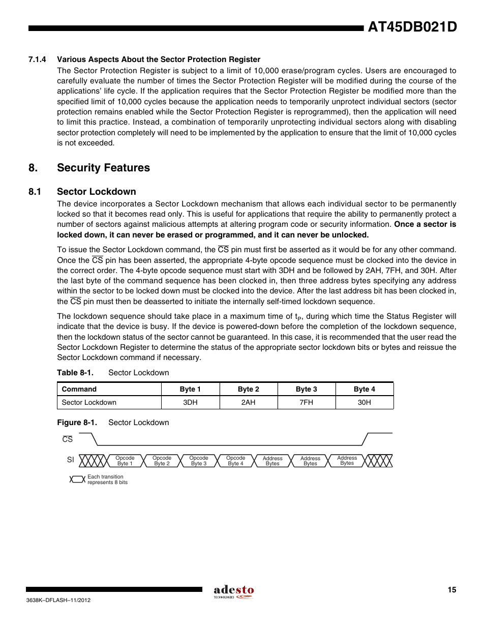 Security features, 1 sector lockdown | Rainbow Electronics AT45DB021D User Manual | Page 15 / 48