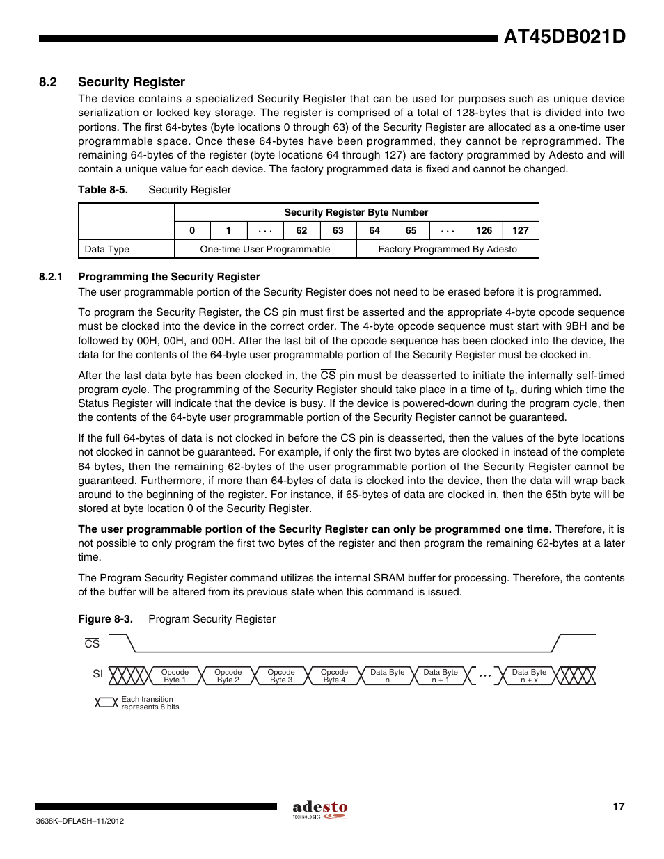 2 security register, 1 programming the security register | Rainbow Electronics AT45DB021D User Manual | Page 17 / 48